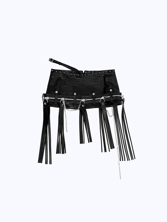 TASSEL ZIP BELTED MINI SKIRT_BLACK