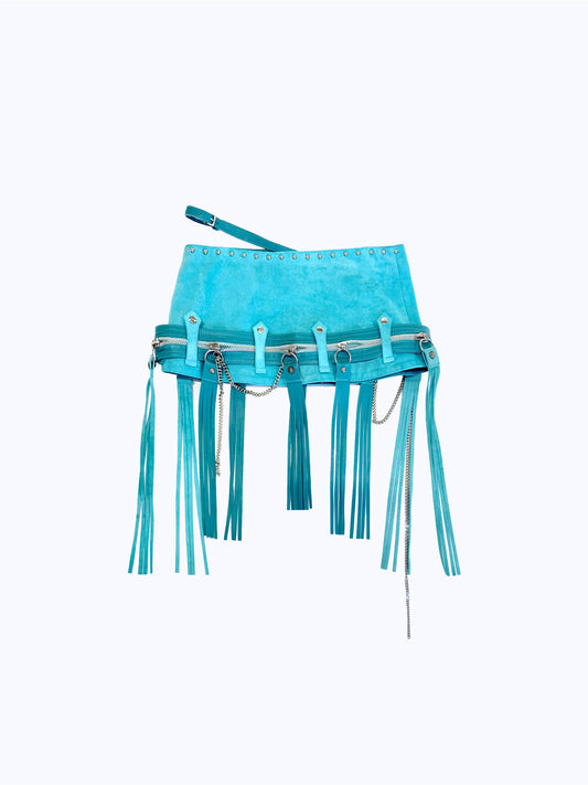TASSEL ZIP BELTED MINI SKIRT_TURQUOISE SUEDE