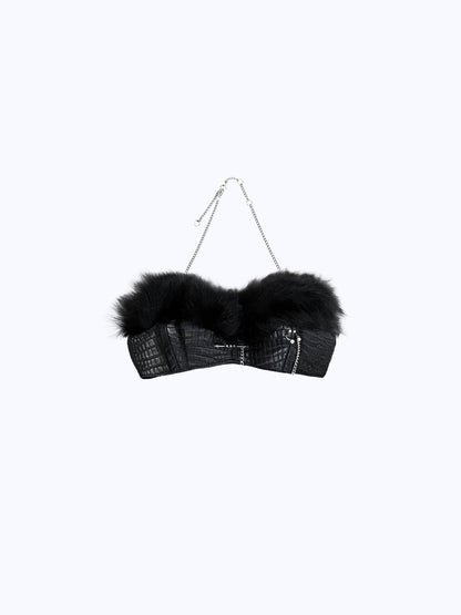 ARROW PIERCED FUR BRA_BLACK