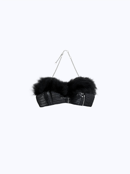 ARROW PIERCED FUR BRA_BLACK