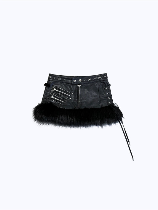 ZIP-POCKET FUR LEATHER MINI SKIRT