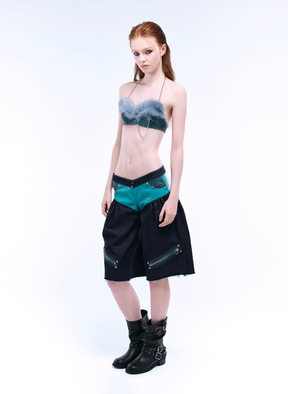 ARROW PIERCED BRIEF-CUT BERMUDAS_TEAL+INDIGO DENIM