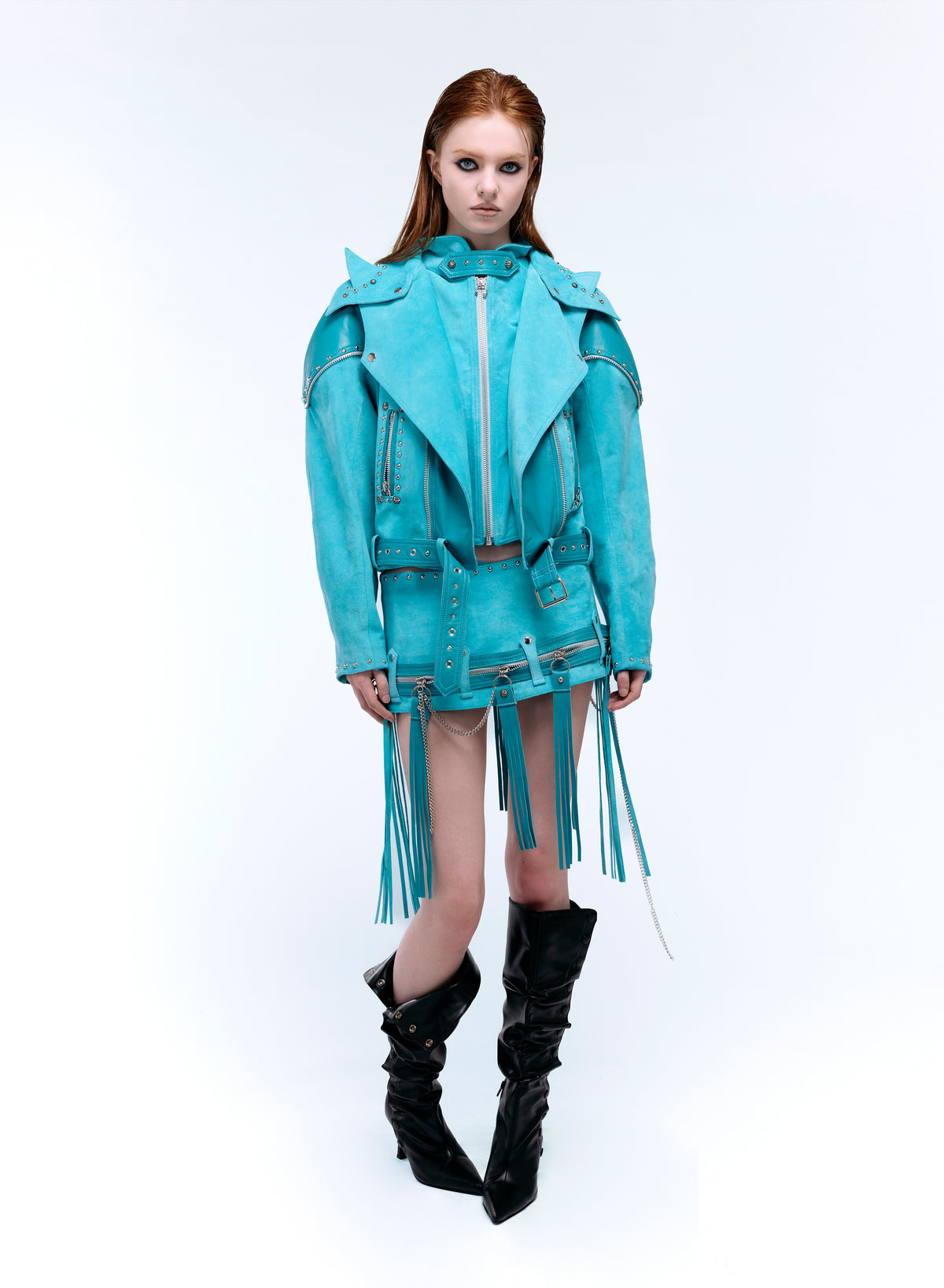 SIGNATURE CAT-EAR LAPEL BIKER JACKET_TURQUOISE SUEDE