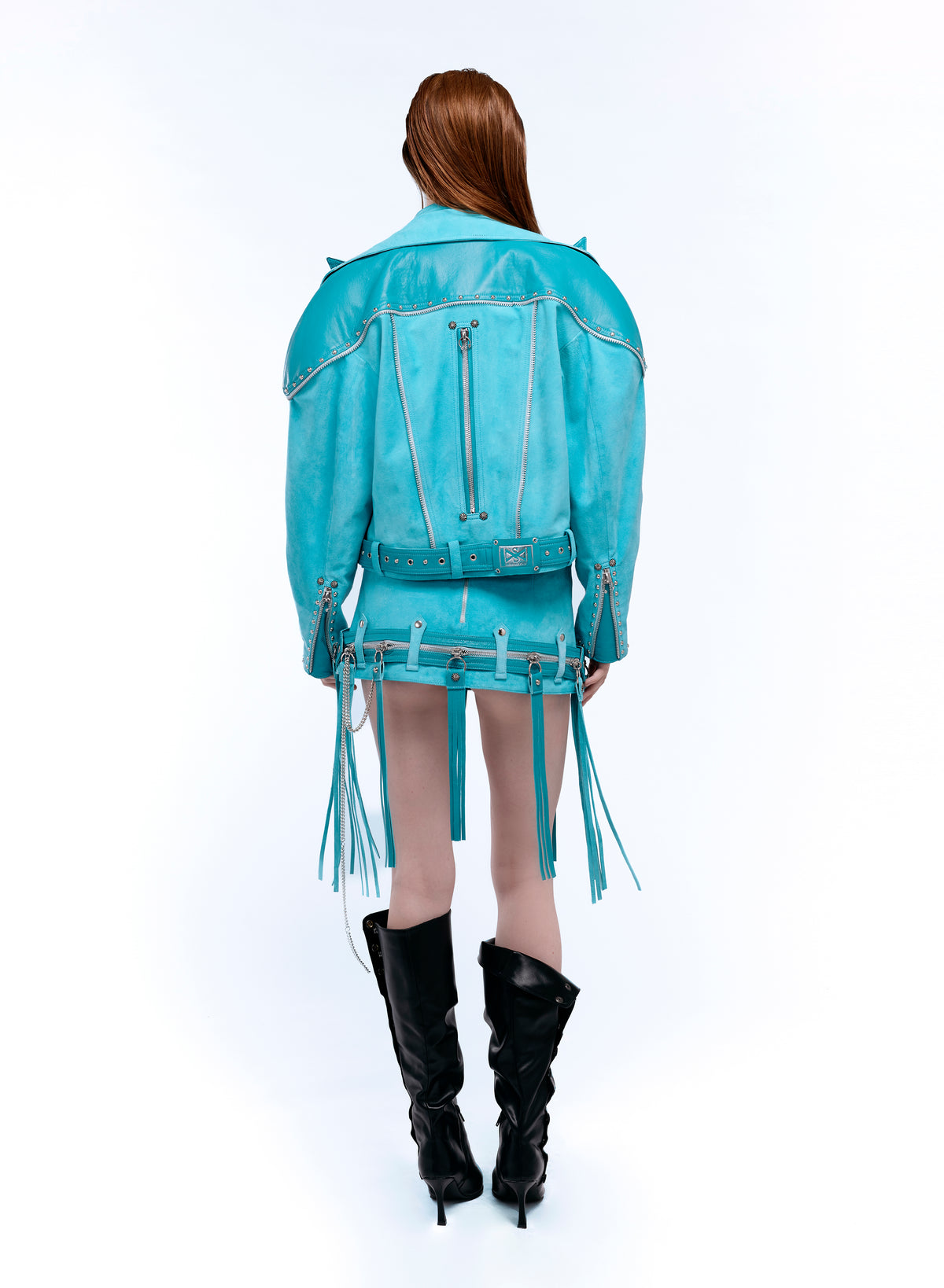 SIGNATURE CAT-EAR LAPEL BIKER JACKET_TURQUOISE SUEDE
