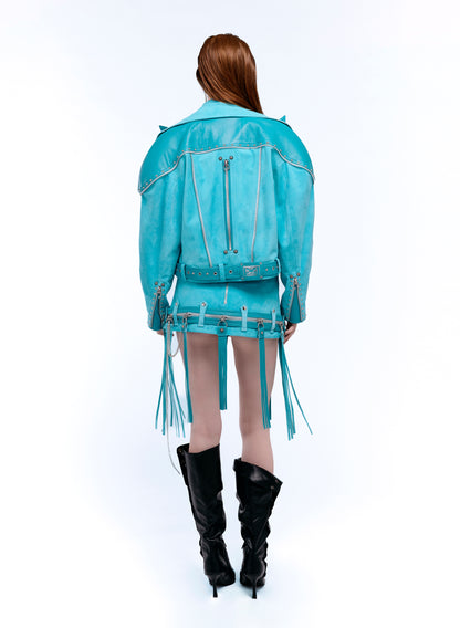SIGNATURE CAT-EAR LAPEL BIKER JACKET_TURQUOISE SUEDE