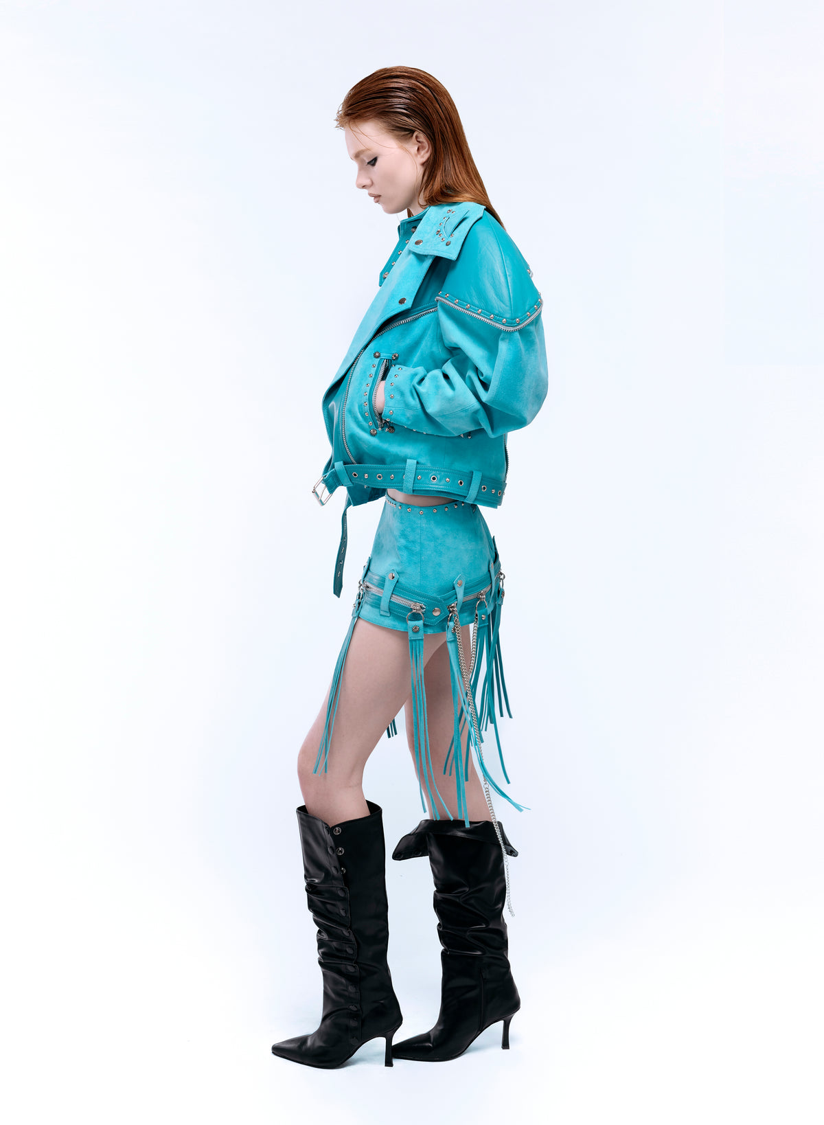SIGNATURE CAT-EAR LAPEL BIKER JACKET_TURQUOISE SUEDE