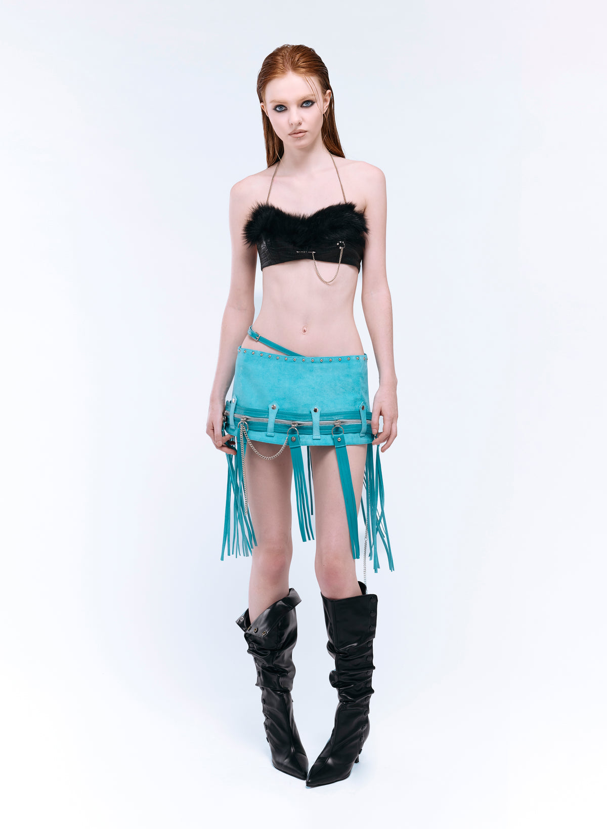 TASSEL ZIP BELTED MINI SKIRT_TURQUOISE SUEDE