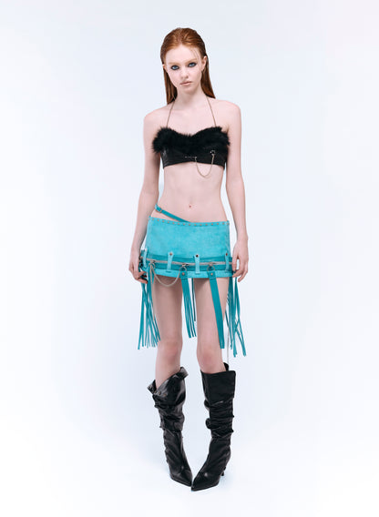 TASSEL ZIP BELTED MINI SKIRT_TURQUOISE SUEDE
