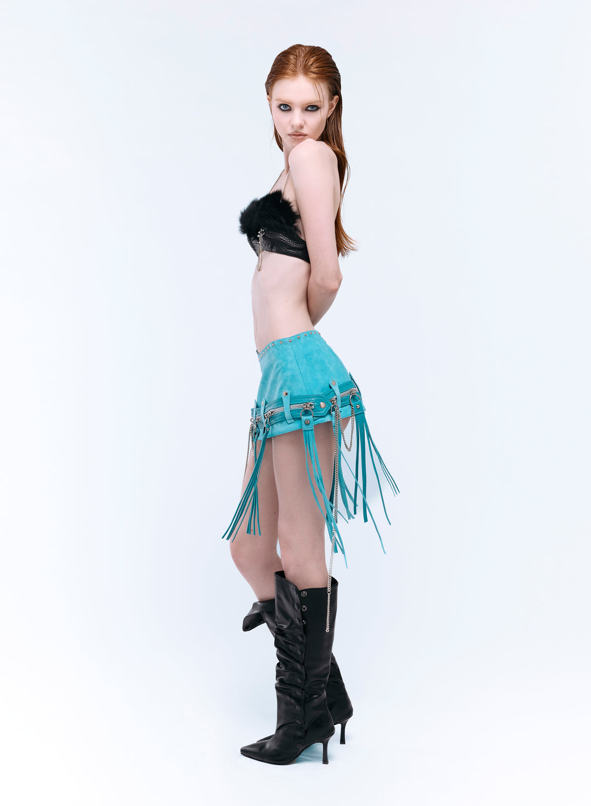 TASSEL ZIP BELTED MINI SKIRT_TURQUOISE SUEDE