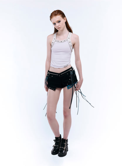 TASSEL ZIP V-CUT HOT PANTS_BLACK
