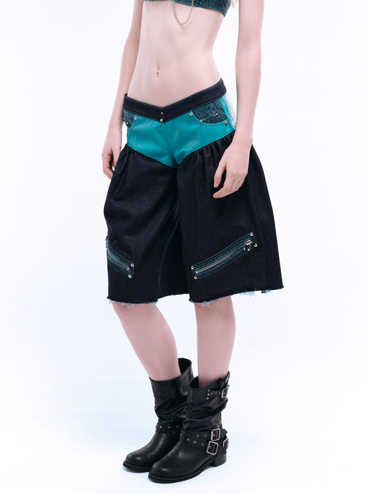 ARROW PIERCED BRIEF-CUT BERMUDAS_TEAL+INDIGO DENIM