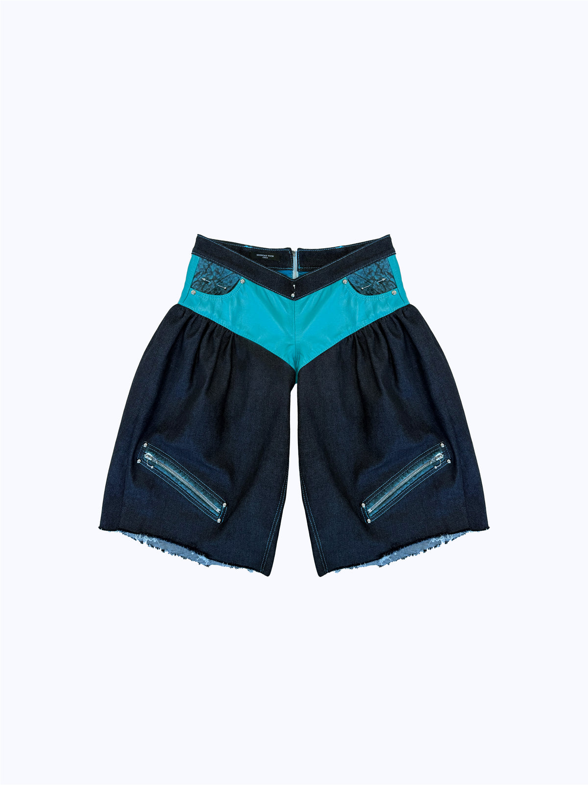 ARROW PIERCED BRIEF-CUT BERMUDAS_TEAL+INDIGO DENIM
