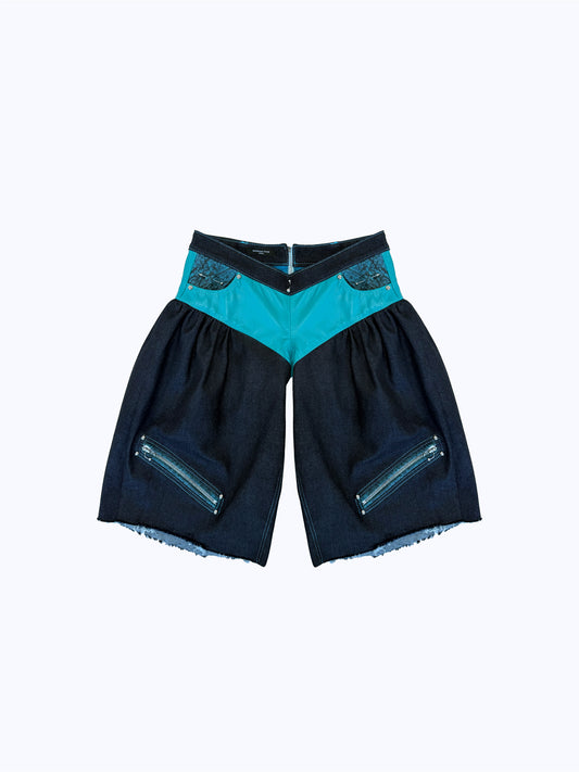ARROW PIERCED BRIEF-CUT BERMUDAS_TEAL+INDIGO DENIM