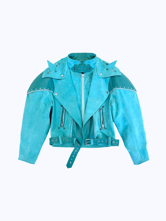 SIGNATURE CAT-EAR LAPEL BIKER JACKET_TURQUOISE SUEDE