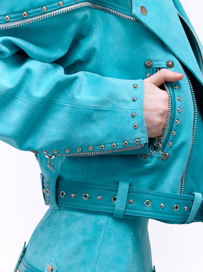 SIGNATURE CAT-EAR LAPEL BIKER JACKET_TURQUOISE SUEDE