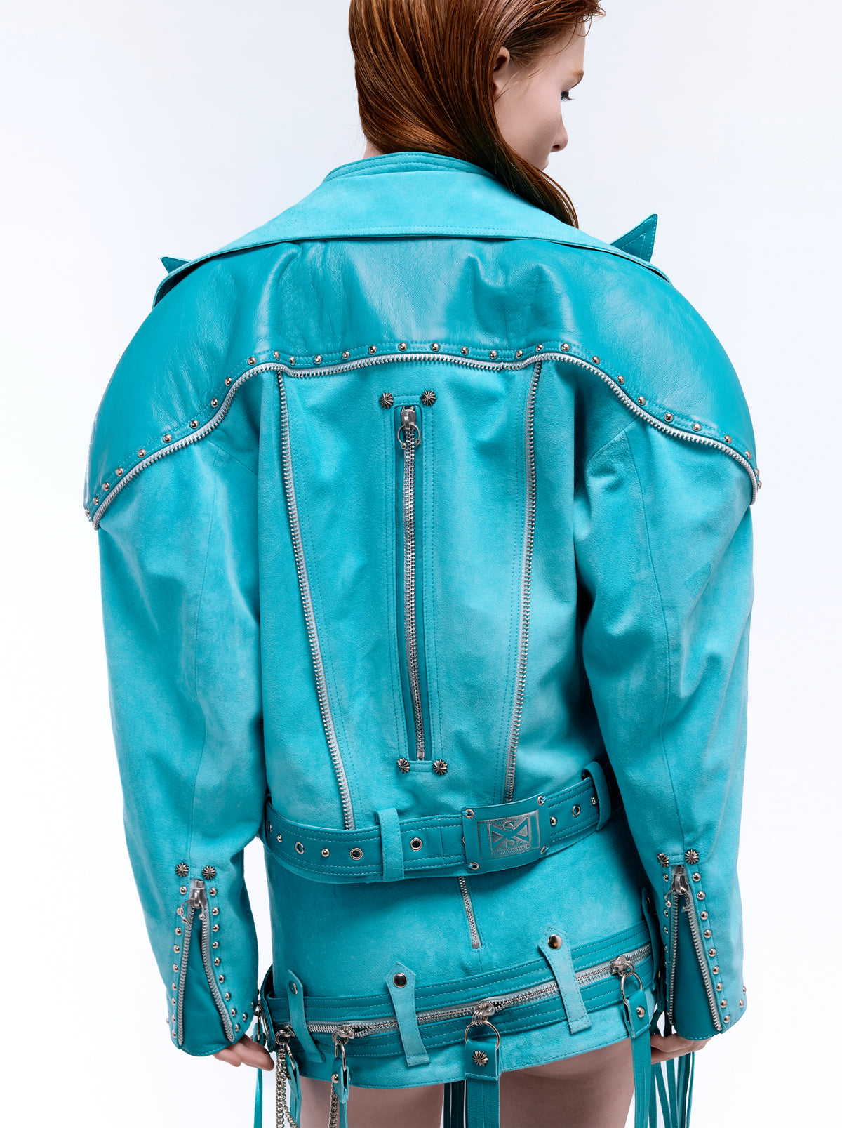 SIGNATURE CAT-EAR LAPEL BIKER JACKET_TURQUOISE SUEDE